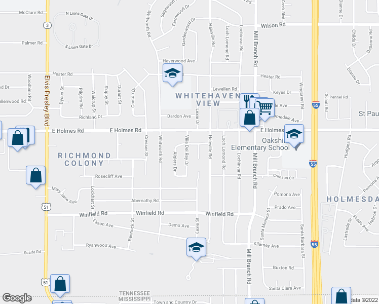 map of restaurants, bars, coffee shops, grocery stores, and more near 5258 Villa Del Rey Drive in Memphis