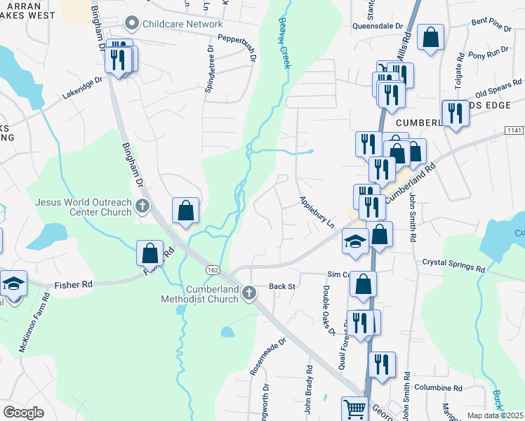 map of restaurants, bars, coffee shops, grocery stores, and more near 2353F Cumberland Creek Drive in Fayetteville