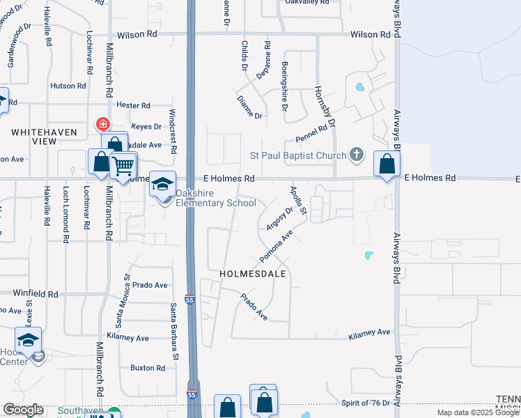 map of restaurants, bars, coffee shops, grocery stores, and more near 5257 Jordan Drive in Memphis