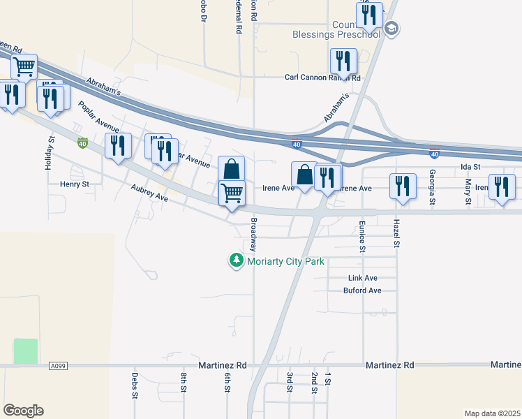 map of restaurants, bars, coffee shops, grocery stores, and more near in Moriarty