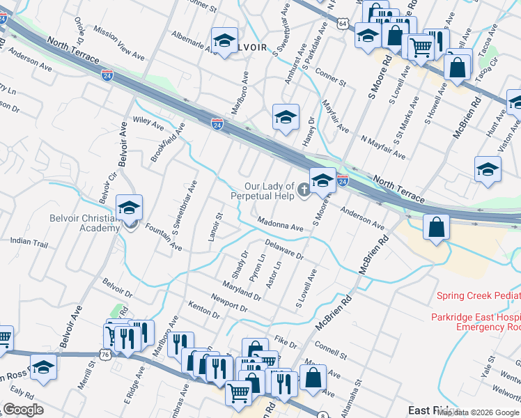 map of restaurants, bars, coffee shops, grocery stores, and more near 518 Sharondale Road in Chattanooga