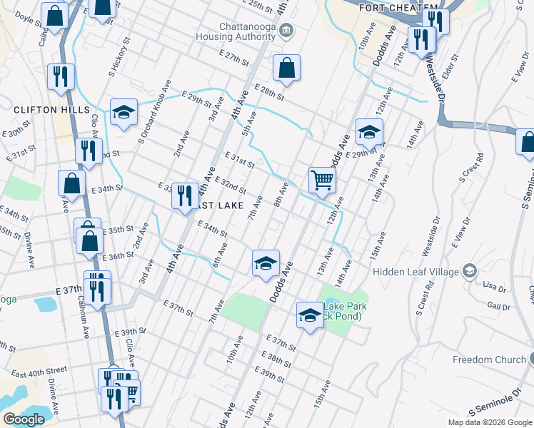 map of restaurants, bars, coffee shops, grocery stores, and more near 3200 7th Avenue in Chattanooga