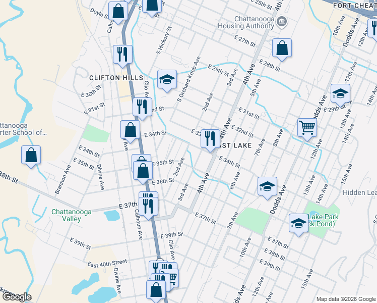 map of restaurants, bars, coffee shops, grocery stores, and more near 1935 East 34th Street in Chattanooga