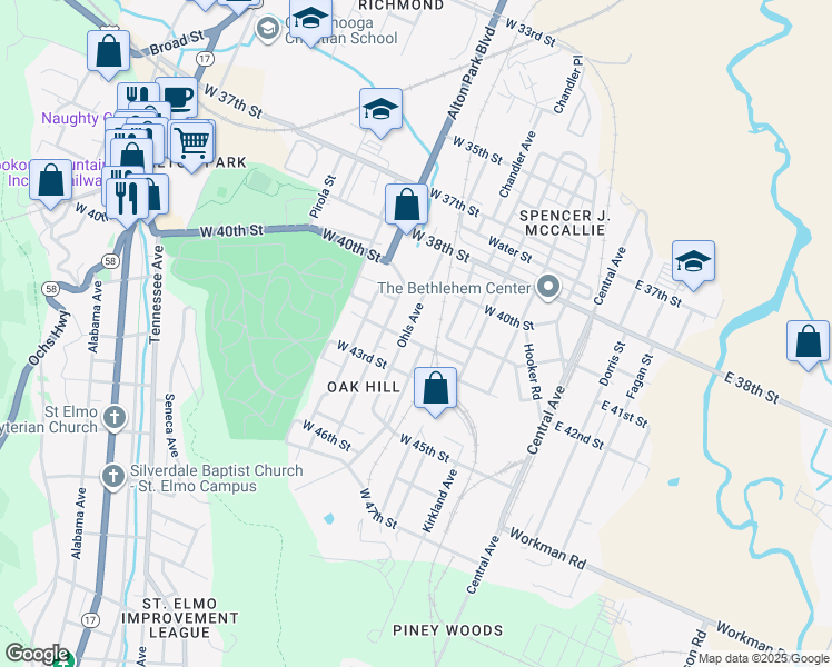 map of restaurants, bars, coffee shops, grocery stores, and more near 3920 Ohls Avenue in Chattanooga