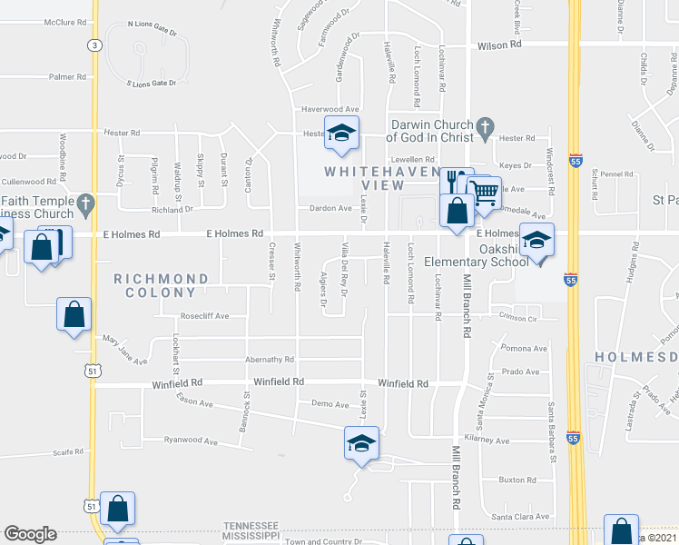 map of restaurants, bars, coffee shops, grocery stores, and more near 5259 Villa Del Rey Drive in Memphis