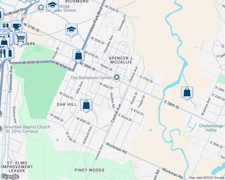 map of restaurants, bars, coffee shops, grocery stores, and more near 200 West 38th Street in Chattanooga