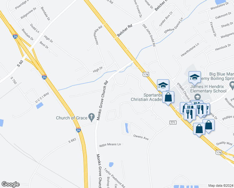 map of restaurants, bars, coffee shops, grocery stores, and more near 12 Willow Pines Court in Spartanburg