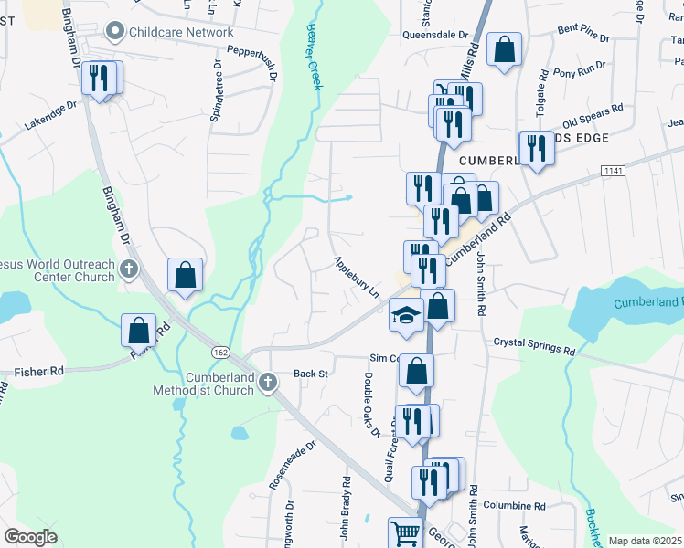 map of restaurants, bars, coffee shops, grocery stores, and more near 2309 Cumberland Bay Drive in Fayetteville