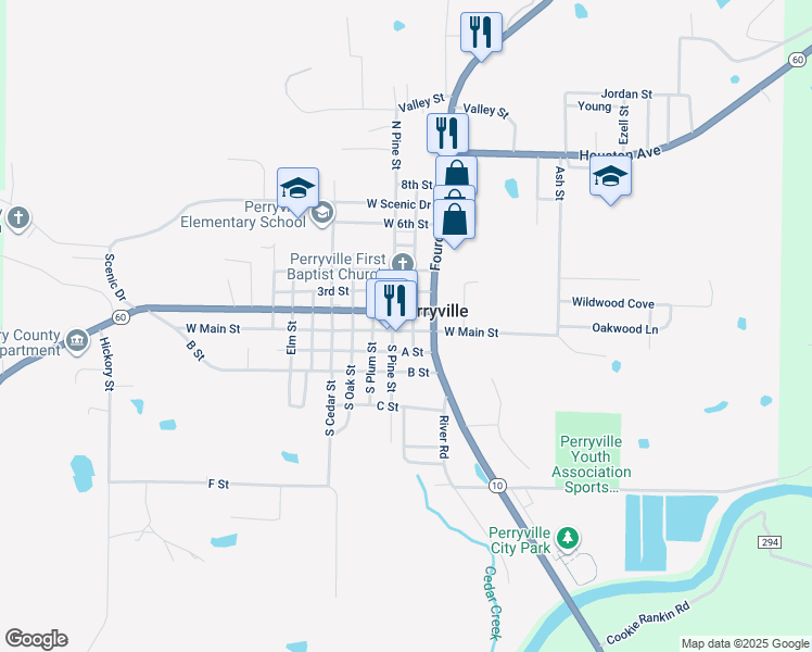 map of restaurants, bars, coffee shops, grocery stores, and more near 206 West Main Street in Perryville