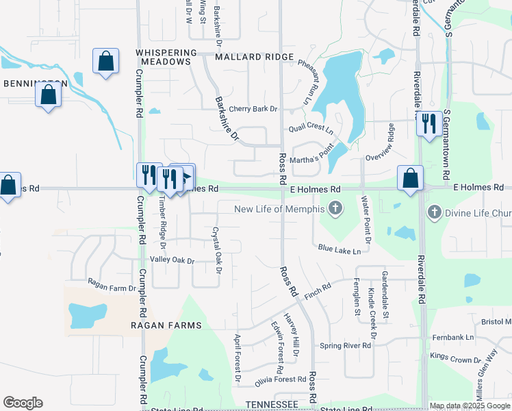 map of restaurants, bars, coffee shops, grocery stores, and more near 6662 Spencer Forest Cove West in Memphis