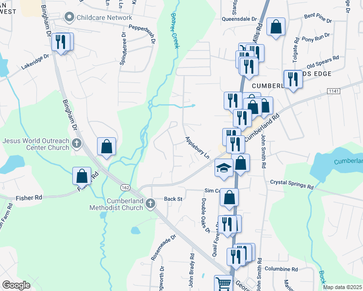 map of restaurants, bars, coffee shops, grocery stores, and more near 2313 Cumberland Bay Drive in Fayetteville