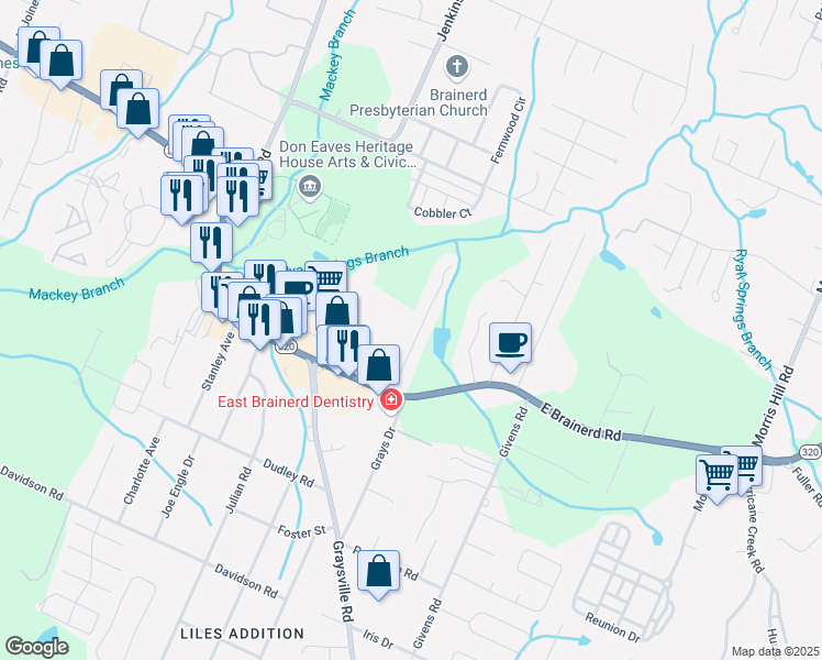 map of restaurants, bars, coffee shops, grocery stores, and more near 1119 Kinsey Drive in Chattanooga