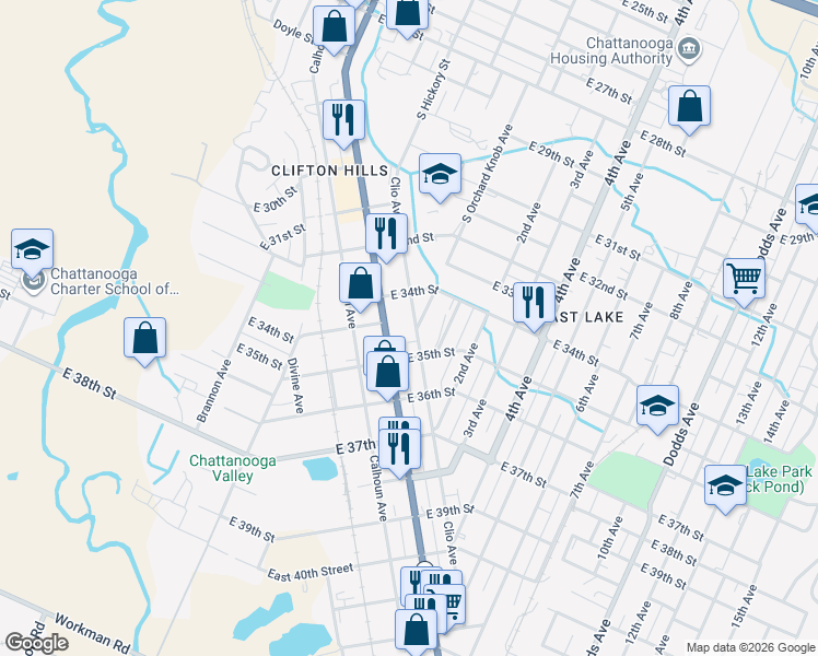 map of restaurants, bars, coffee shops, grocery stores, and more near 3408 Clio Avenue in Chattanooga