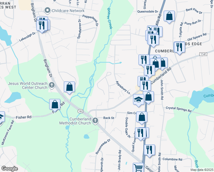 map of restaurants, bars, coffee shops, grocery stores, and more near 2530 Cumberland Creek Drive in Fayetteville
