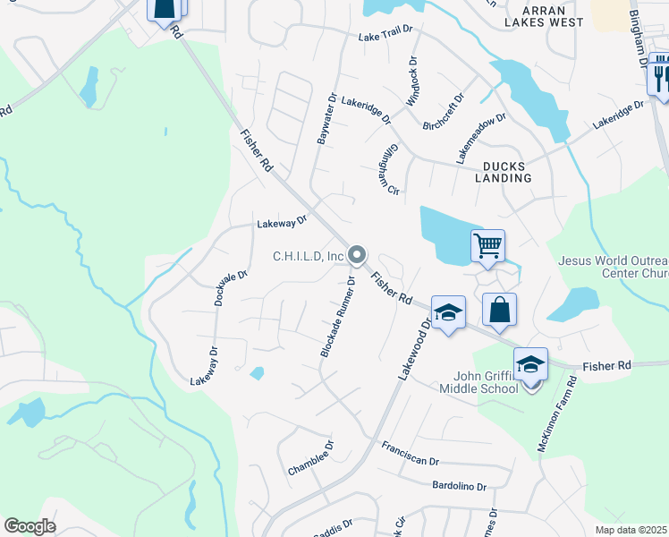 map of restaurants, bars, coffee shops, grocery stores, and more near 2713 Mosquera Drive in Fayetteville