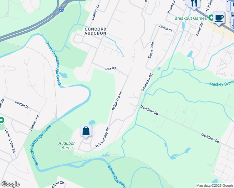 map of restaurants, bars, coffee shops, grocery stores, and more near 1147 Ridge Top Drive in Chattanooga
