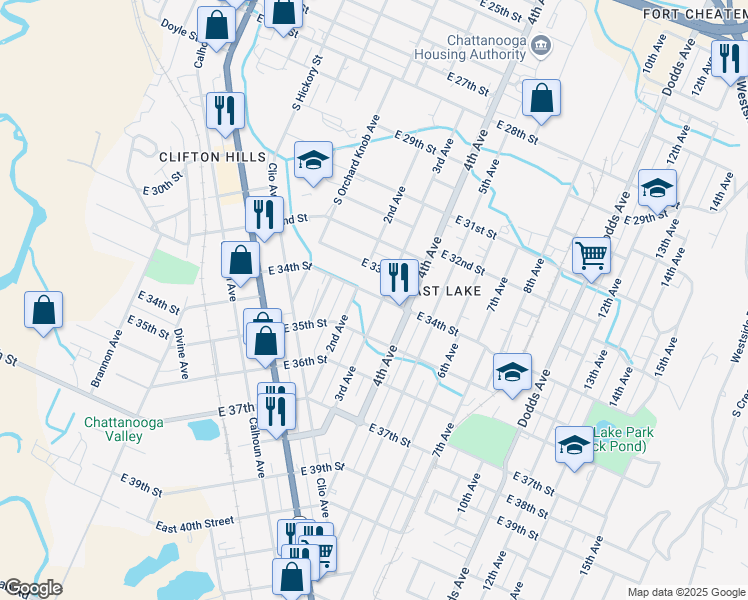 map of restaurants, bars, coffee shops, grocery stores, and more near 1935 East 34th Street in Chattanooga