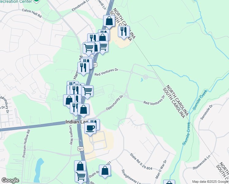 map of restaurants, bars, coffee shops, grocery stores, and more near 402 Potts Lane in Fort Mill