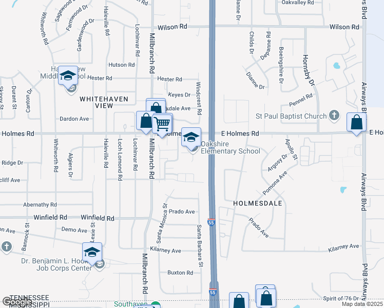 map of restaurants, bars, coffee shops, grocery stores, and more near 1765 East Holmes Road in Memphis