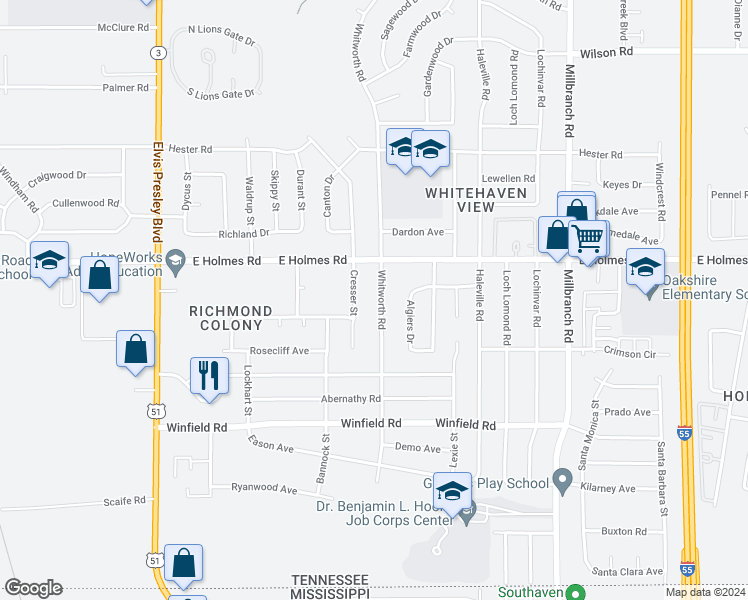 map of restaurants, bars, coffee shops, grocery stores, and more near 5255 Whitworth Road in Memphis