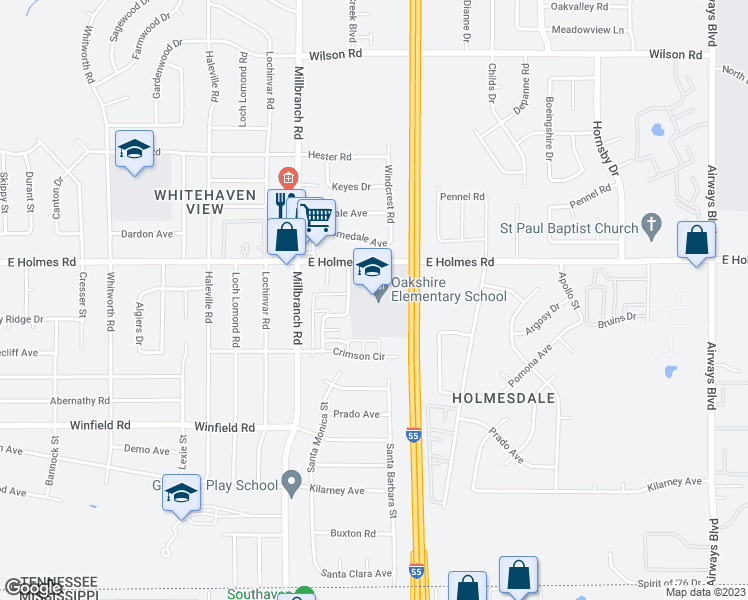 map of restaurants, bars, coffee shops, grocery stores, and more near 1765 East Holmes Road in Memphis
