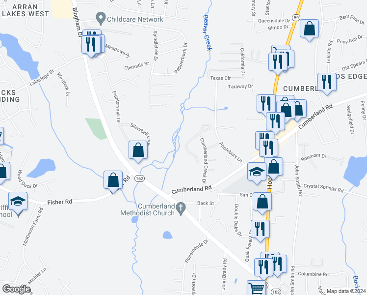 map of restaurants, bars, coffee shops, grocery stores, and more near 2342 Cumberland Gap Drive in Fayetteville