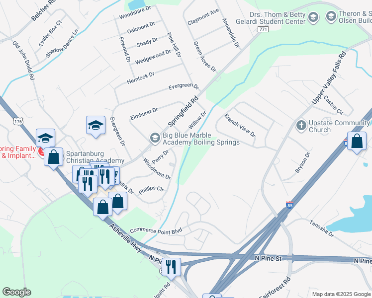 map of restaurants, bars, coffee shops, grocery stores, and more near 120 Perry Drive in Boiling Springs