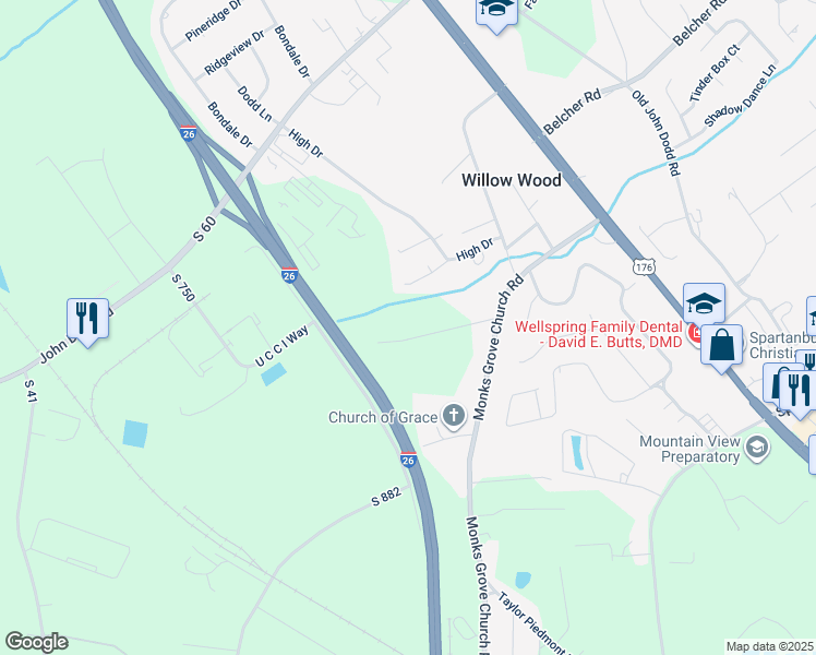 map of restaurants, bars, coffee shops, grocery stores, and more near 118 Pisgah Drive in Spartanburg