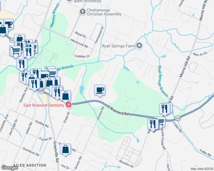 map of restaurants, bars, coffee shops, grocery stores, and more near 1134 Greens Road in Chattanooga
