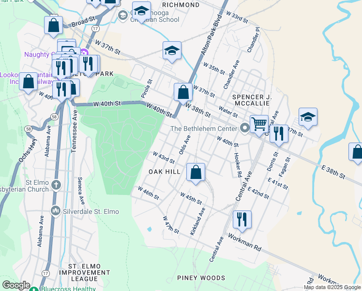 map of restaurants, bars, coffee shops, grocery stores, and more near 4116 Grand Avenue in Chattanooga