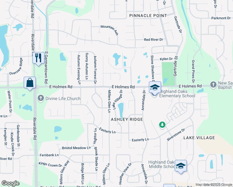 map of restaurants, bars, coffee shops, grocery stores, and more near 7299 East Holmes Road in Memphis