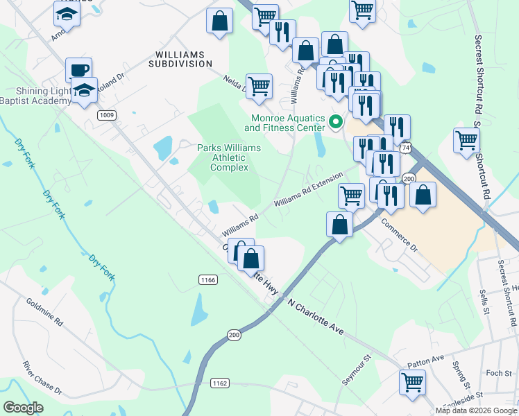 map of restaurants, bars, coffee shops, grocery stores, and more near 1611 Williams Road in Monroe