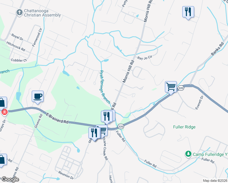 map of restaurants, bars, coffee shops, grocery stores, and more near 1515 Morris Hill Road in Chattanooga