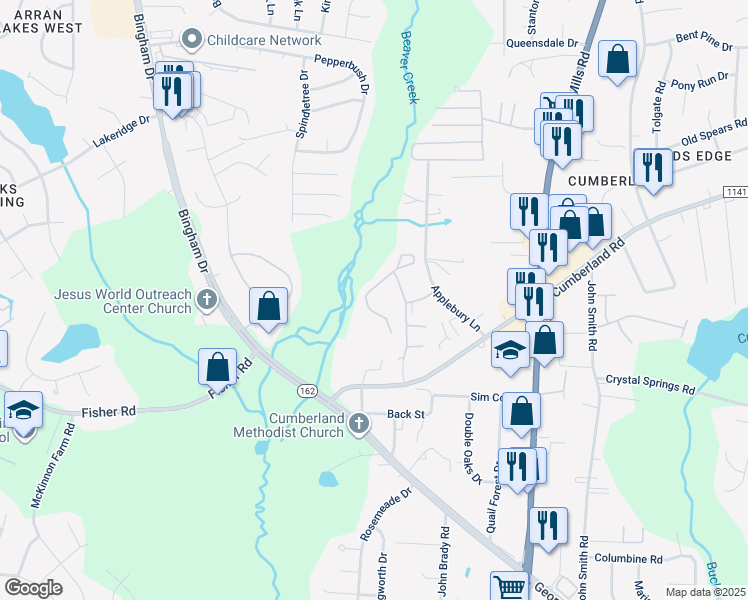 map of restaurants, bars, coffee shops, grocery stores, and more near 2331 Cumberland Gap Drive in Fayetteville