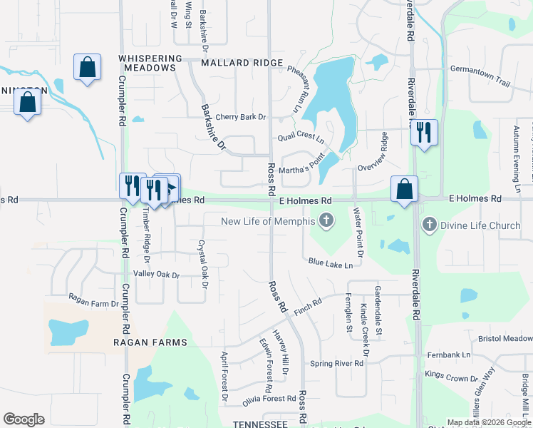 map of restaurants, bars, coffee shops, grocery stores, and more near 6716 Spencer Forest Cove East in Memphis