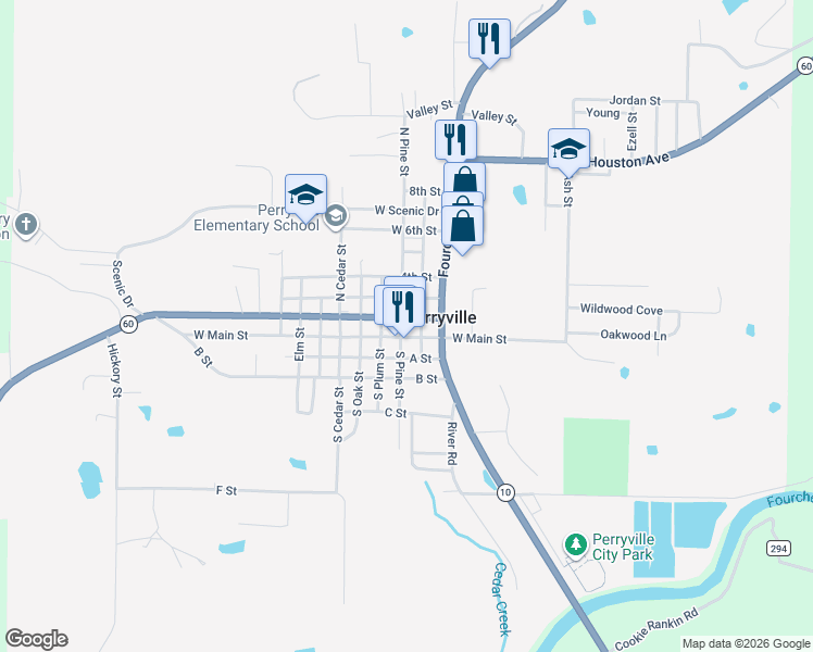 map of restaurants, bars, coffee shops, grocery stores, and more near 216 Aplin Avenue in Perryville