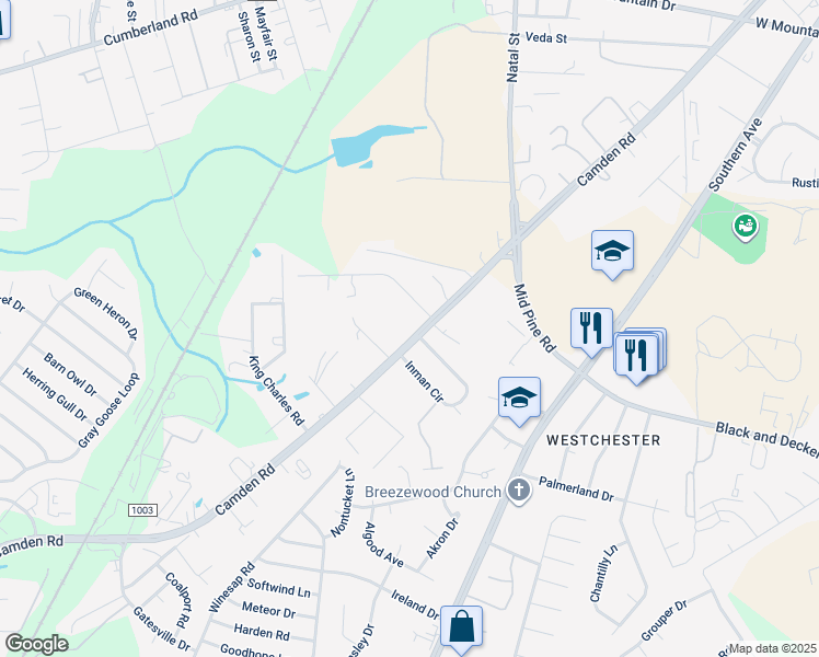 map of restaurants, bars, coffee shops, grocery stores, and more near 3620 Camden Road in Fayetteville