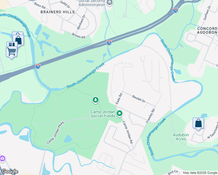 map of restaurants, bars, coffee shops, grocery stores, and more near 6722 Jordan Run Road in Chattanooga