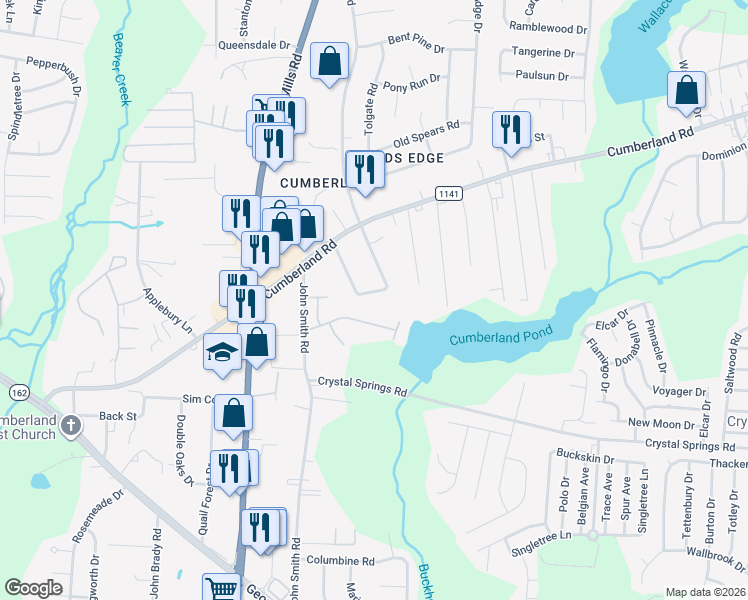 map of restaurants, bars, coffee shops, grocery stores, and more near 2633 Wingate Road in Fayetteville