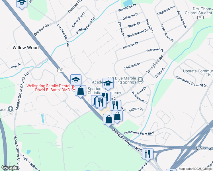 map of restaurants, bars, coffee shops, grocery stores, and more near 1084 State Road 771 in Boiling Springs