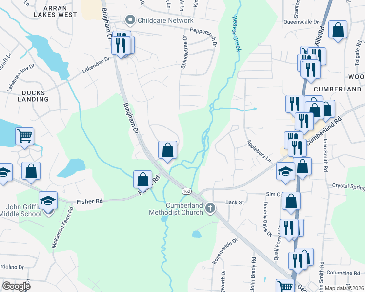 map of restaurants, bars, coffee shops, grocery stores, and more near 2526 Silver Bell Loop in Fayetteville