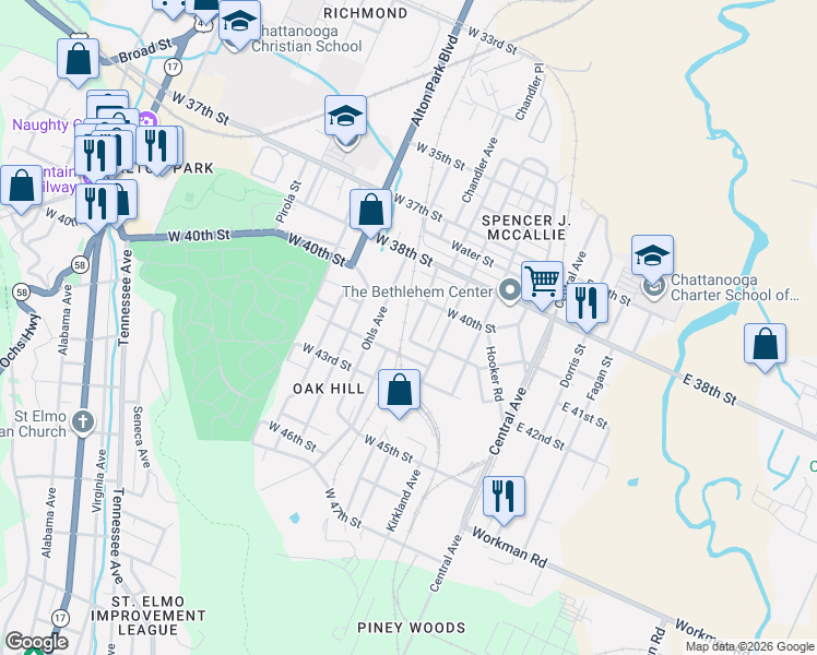map of restaurants, bars, coffee shops, grocery stores, and more near 3920 Ohls Avenue in Chattanooga