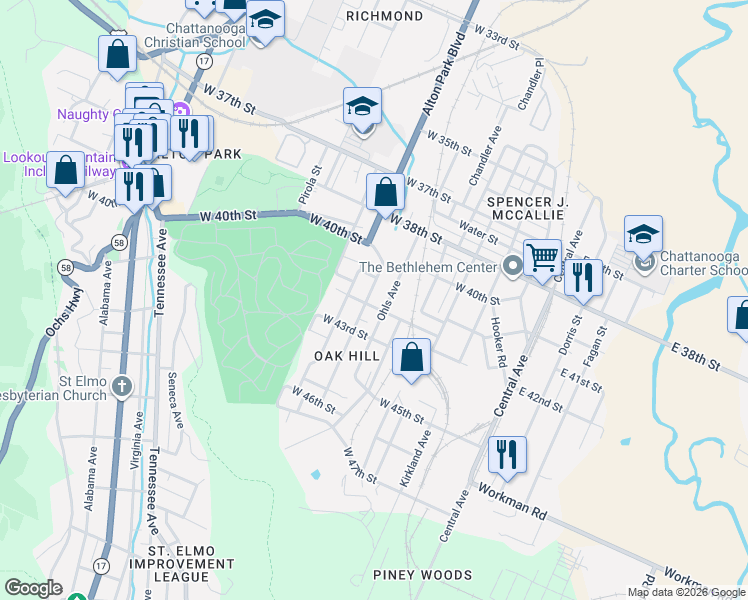 map of restaurants, bars, coffee shops, grocery stores, and more near 4116 Grand Avenue in Chattanooga