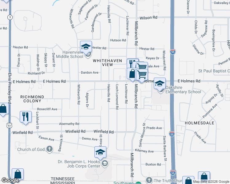map of restaurants, bars, coffee shops, grocery stores, and more near 5237 Loch Lomond Road in Memphis
