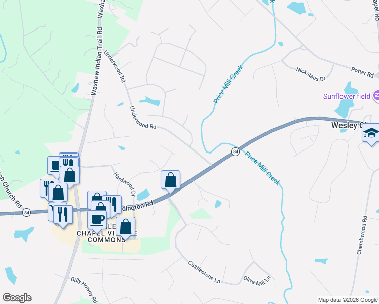 map of restaurants, bars, coffee shops, grocery stores, and more near 1008 Underwood Road in Matthews