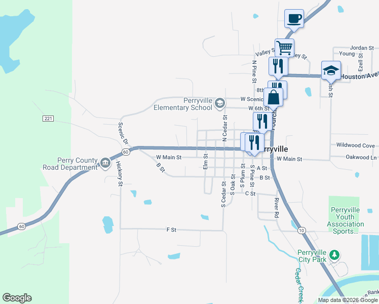 map of restaurants, bars, coffee shops, grocery stores, and more near 915 Aplin Avenue in Perryville