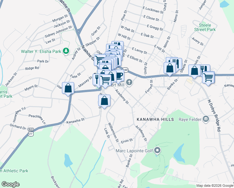 map of restaurants, bars, coffee shops, grocery stores, and more near 129 State Route 277 in Fort Mill