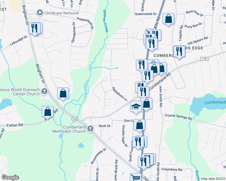 map of restaurants, bars, coffee shops, grocery stores, and more near 2305 Cumberland Bay Drive in Fayetteville