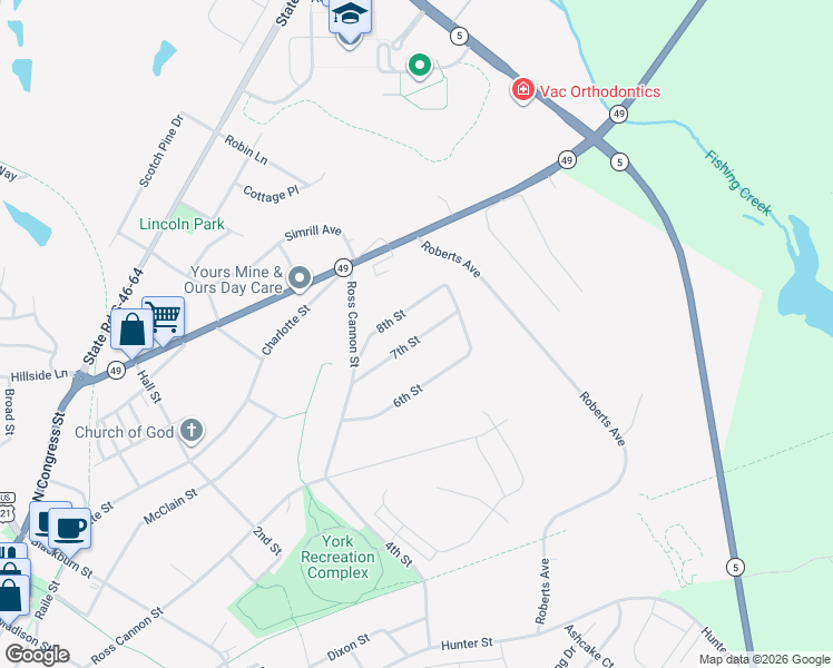 map of restaurants, bars, coffee shops, grocery stores, and more near 29 7th Street in York