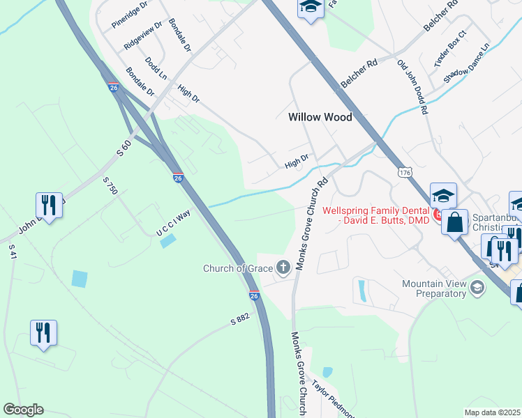 map of restaurants, bars, coffee shops, grocery stores, and more near 118 Pisgah Drive in Spartanburg